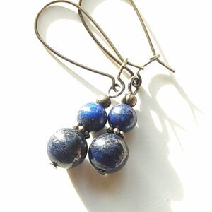 Blue Lapis Lazuli Antique.Bronze Semi-hoops Hidden Meaning earrings Earthy  478■